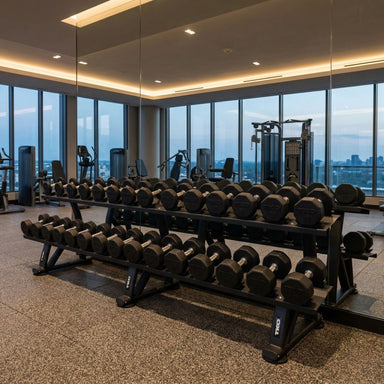 Gym with TKO Ten-Sided Pro Rubber Dumbbell Set 829T and two TKO 15-Pair Dumbbell Rack With Saddles 7051B-BK and city view