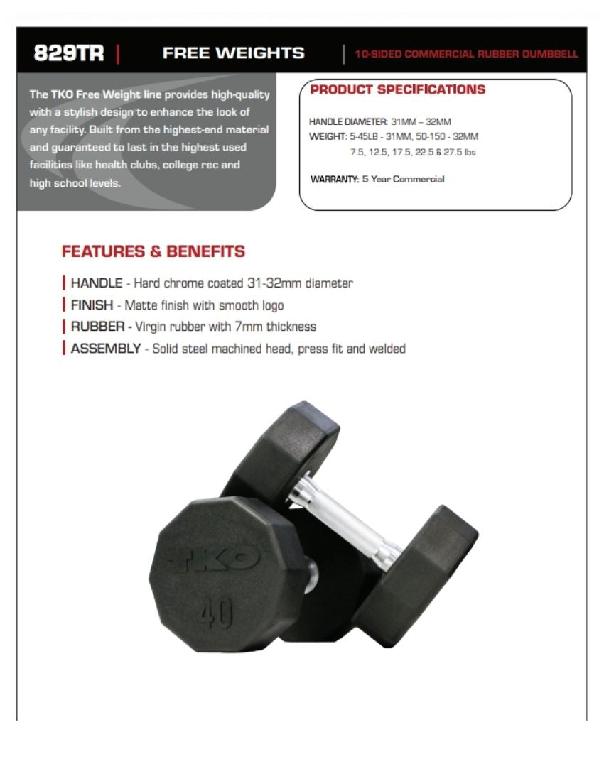 TKO Ten Sided Pro Rubber Dumbbells Face Sheet