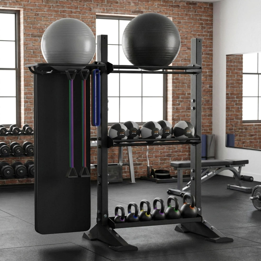 TORQUE Essential Functional Storage Bay including kettlebells, medicine balls, and resistance bands on a rack in a gym setting.