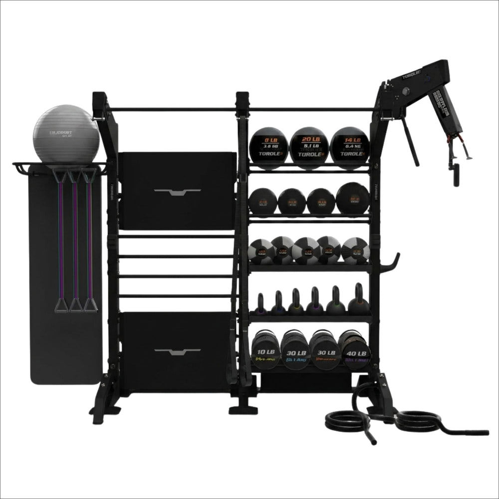 Black TORQUE-torque-group-training-station with various weights and gym tools on a white background