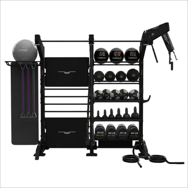 Black TORQUE-torque-group-training-station with various weights and gym tools on a white background