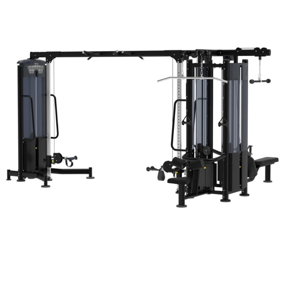 Tag Fitness Elite 5 Stack Multi Station Cable Crossover with five weight stacks, adjustable cable arms, lat pull-down, and low row stations in black finish.