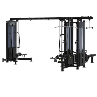 Tag Fitness Elite 5 Stack Multi Station Cable Crossover with five weight stacks, adjustable cable arms, lat pull-down, and low row stations in black finish.