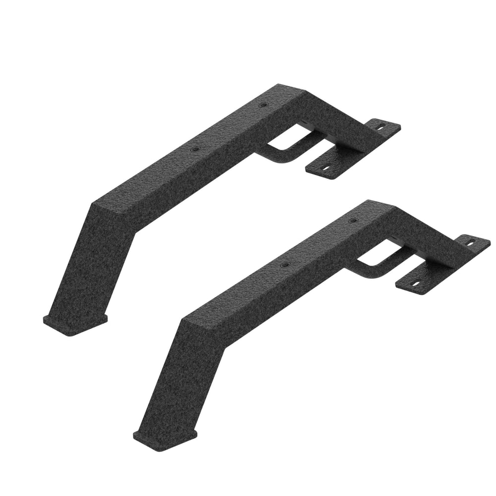 Two black metal brackets on a white background