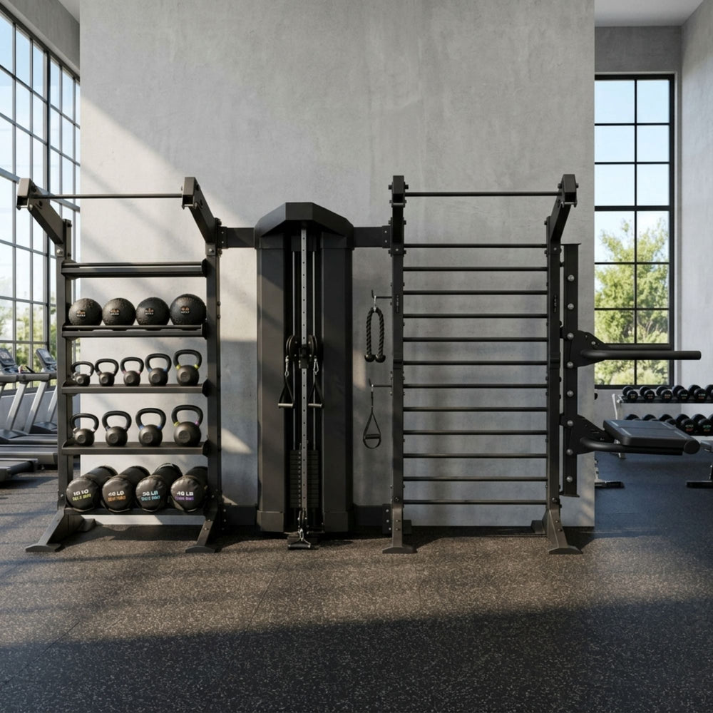 A black Torque-X-Create-Cable-Column-Stall-Bar-Training-Wall-with-Dip-Attachment-Plyo-step-front-facing-with-accessories system with a pull-up bar, horizontal bar, and weight rack shelves holding kettlebells, set in a modern gym with concrete walls and windows.