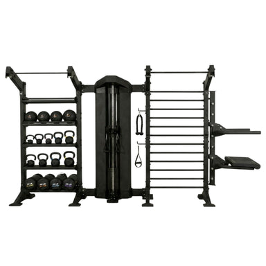 Torque single cable column with storage bay and stall bar and dip and plyo step attachment 