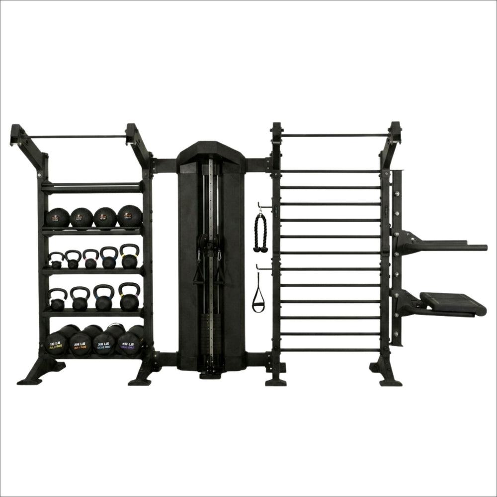 Torque single cable column with storage bay and stall bar and dip and plyo step attachment 