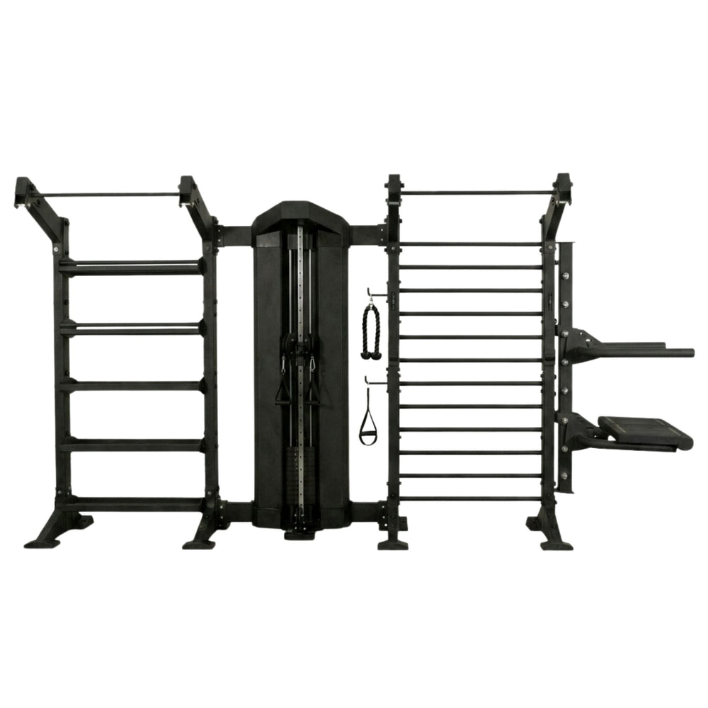 Torque single cable column with storage bay and stall bar and dip and plyo step attachment 