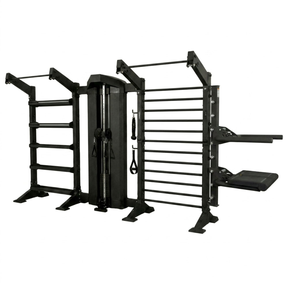 Torque single cable column with storage bay and stall bar and dip and plyo step attachment 