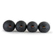 Four black slam balls with weight labels on a white background