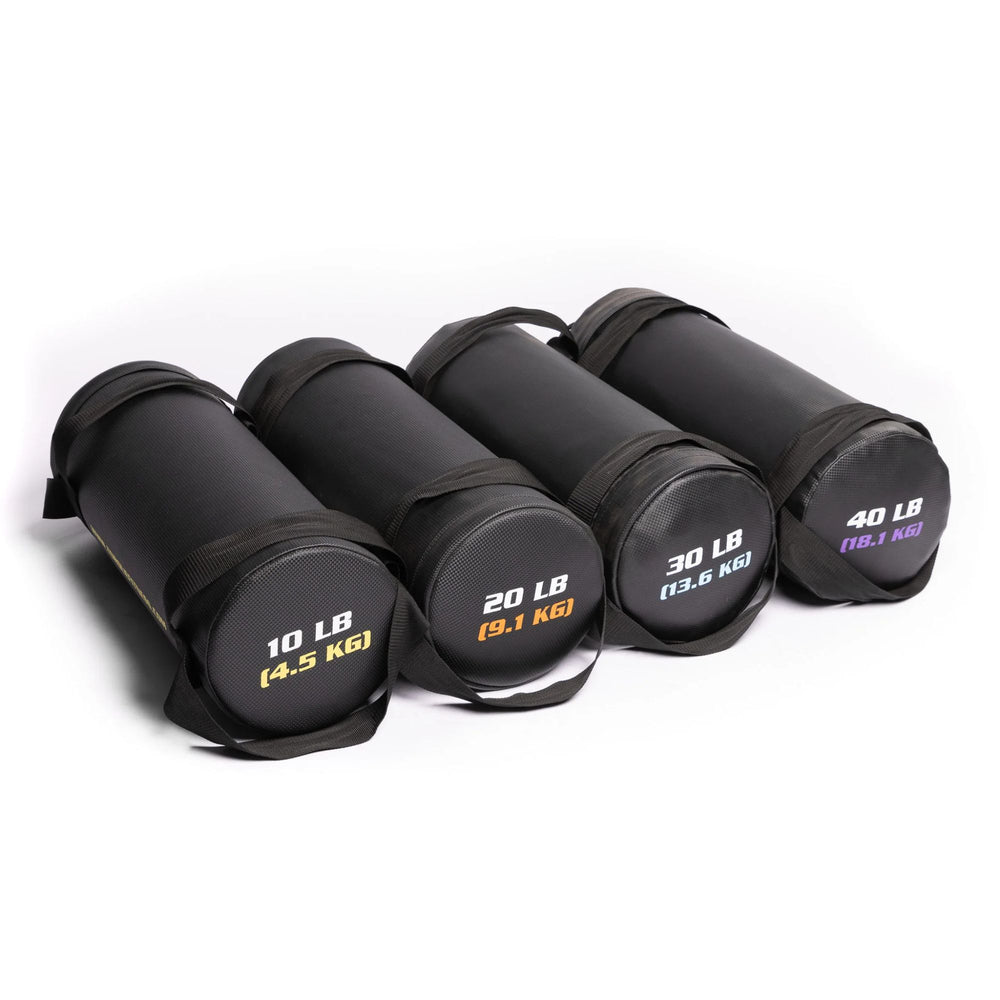 Set of black torpedo sandbags with weight labels on a white background