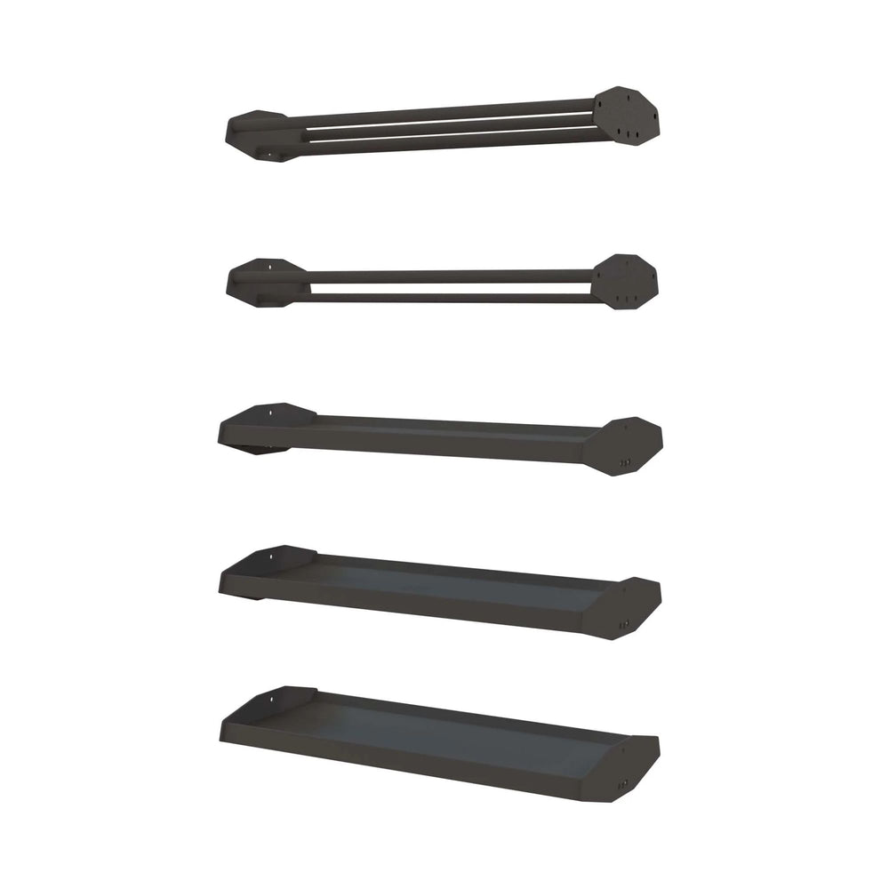 Set of black metal brackets on a white background