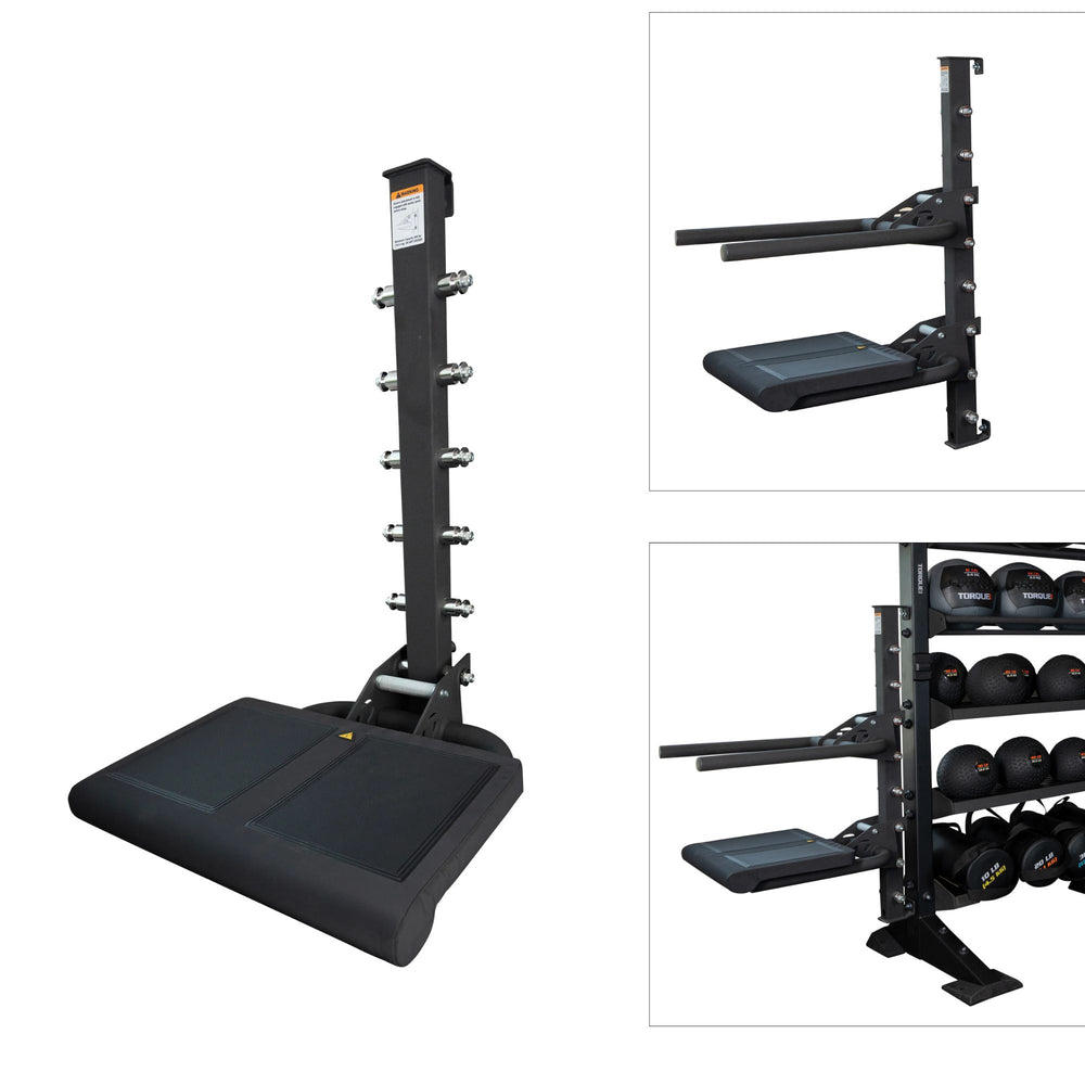 Black weightlifting rack with attachments on a white background