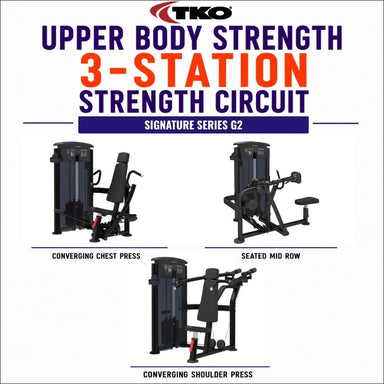 TKO Upper Body Strength 3-Station Strength Circuit Signature Series G2, showing three black and dark gray gym machines: Converging Chest Press, Seated Mid Row, and Converging Shoulder Press, on a white background with bold purple and orange text.