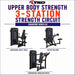 TKO Upper Body Strength 3-Station Strength Circuit Signature Series G2, showing three black and dark gray gym machines: Converging Chest Press, Seated Mid Row, and Converging Shoulder Press, on a white background with bold purple and orange text.