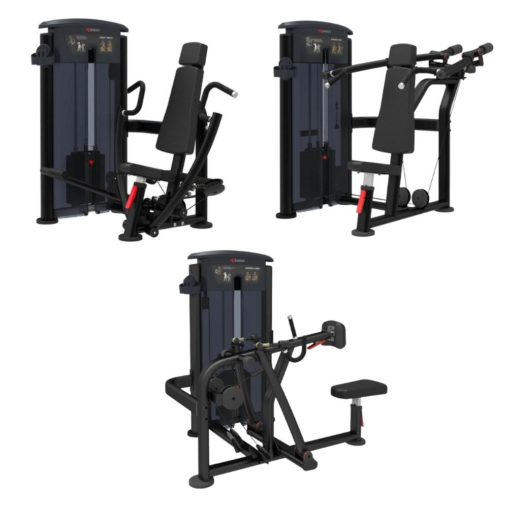 TKO Converging Shoulder Press, Seated Mid Row, Converging Chest Press exercise machine on a plain white background.