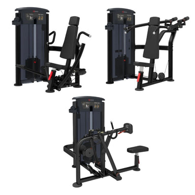 TKO Converging Shoulder Press, Seated Mid Row, Converging Chest Press exercise machine on a plain white background.