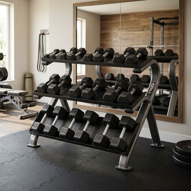 TKO Tri-Grip Rubber Hex Dumbbell Set 814TXR on TKO 3-Tier Horizontal Dumbbell Rack 890HDR with weights in a home gym setting