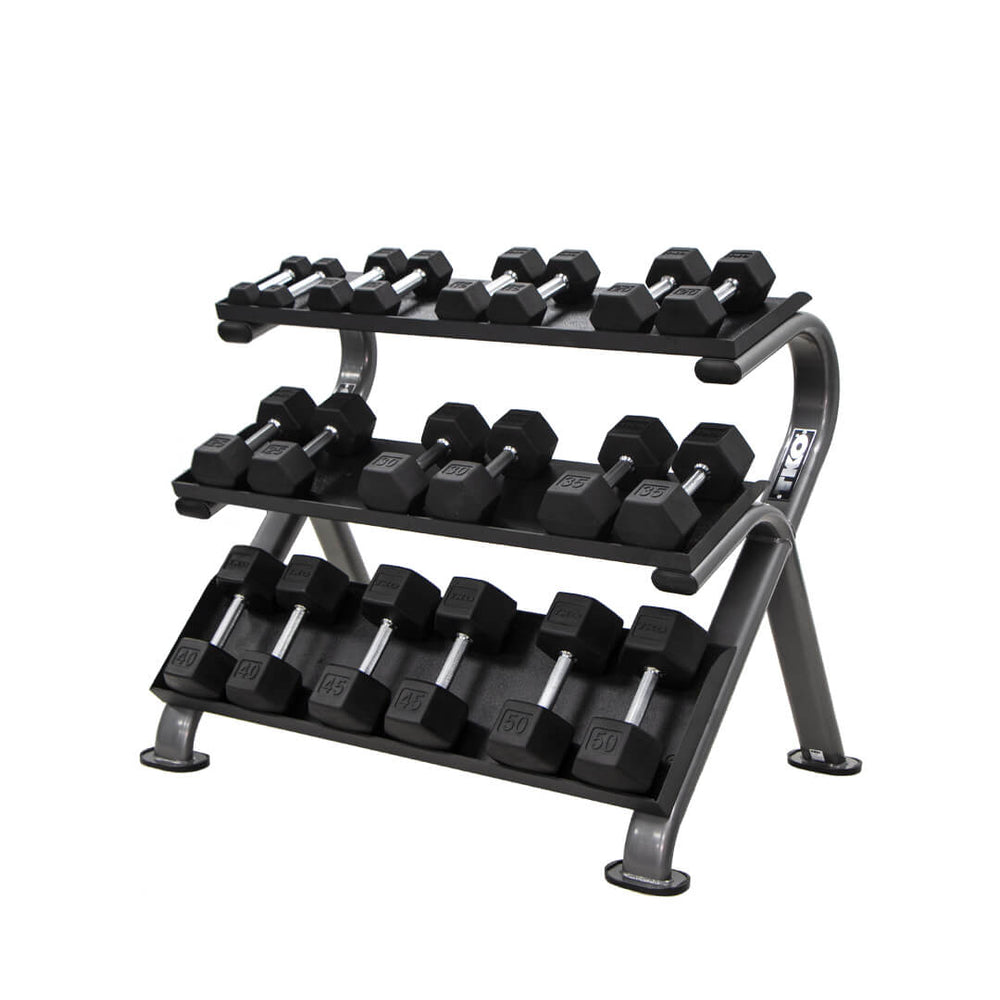 View of TKO Tri-Grip Rubber Hex Dumbbell Set 814TXR loaded onto a TKO 3-Tier Horizontal Dumbbell Rack 890HDR
