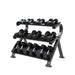 View of TKO Tri-Grip Rubber Hex Dumbbell Set 814TXR loaded onto a TKO 3-Tier Horizontal Dumbbell Rack 890HDR