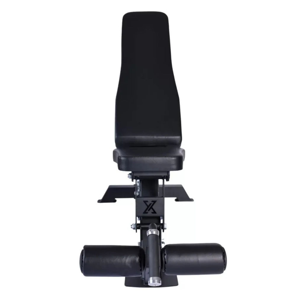 Vortex Commercial Adjustable Flat, Incline, Decline Bench with leg holders VXFIDL250 Straight-on view of black adjustable workout bench with padded rollers