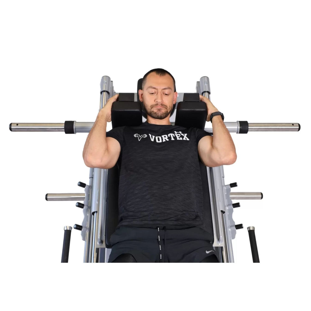 Vortex Commercial Hack Squat and Leg Press Combo VLP1000 Man preparing for hack squat 