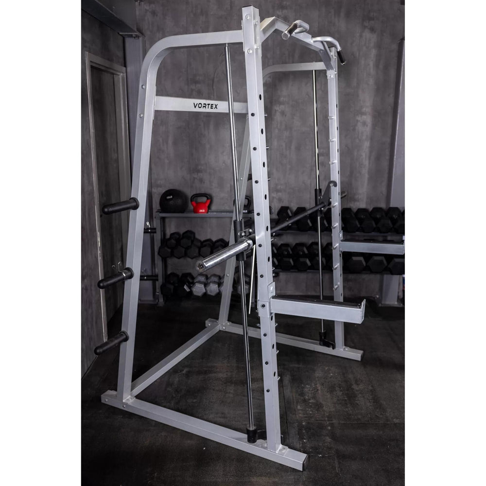 Vortex Commercial Smith Machine SMVT1500 Angled View with plate storage and linear bearing system