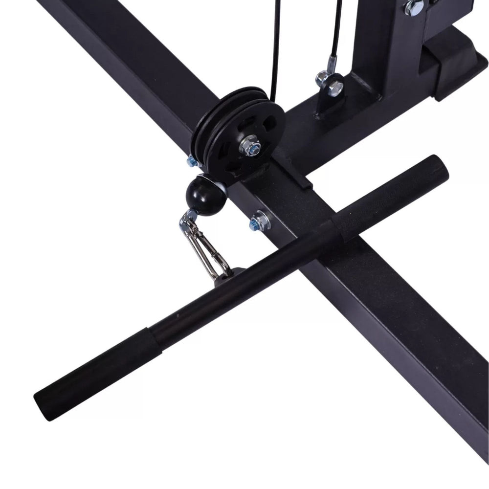 Vortex Olympic Squat Cage 1000 lb Weight Capacity Included with LAT Pulldown System RBVX10 Close-up of power rack lower pulley and cable attachment for seated row exercises