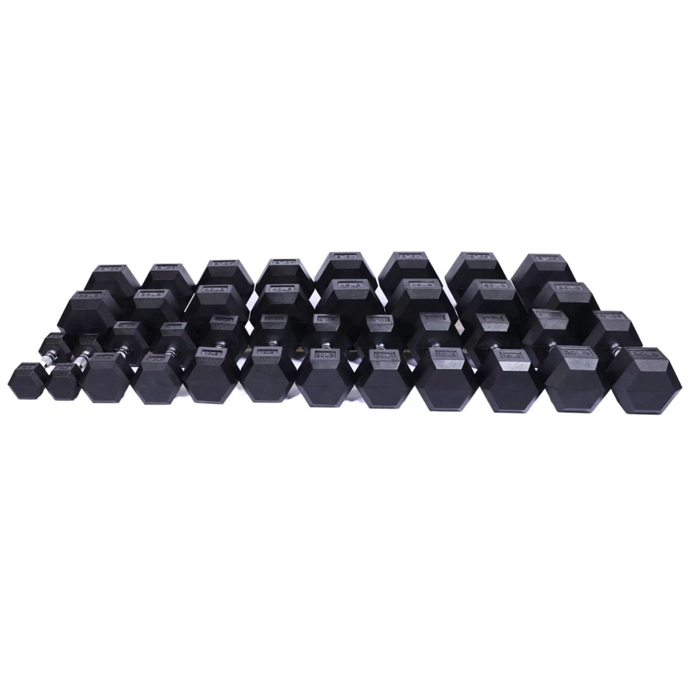 Vortex Rubber Hex Dumbbell Sets Full range of black rubber hex dumbbells from 5 to 50 lbs