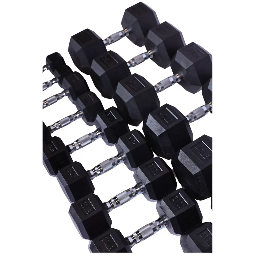 Vortex Rubber Hex Dumbbell Sets Multiple pairs of hex dumbbells with textured chrome grips