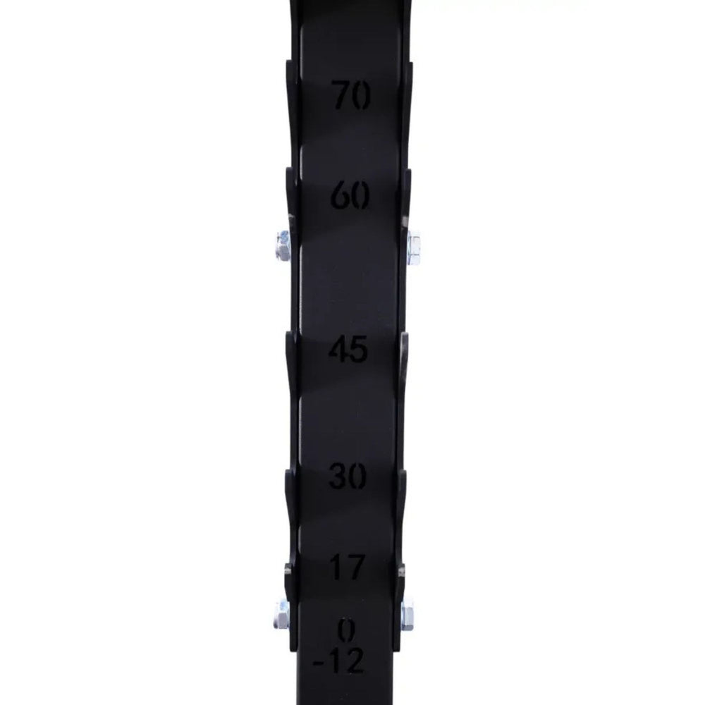 Vortex Strength Commercial Flat/Incline/Decline Bench VTFID220 Close-up of black incline adjustment bar with angle markings 