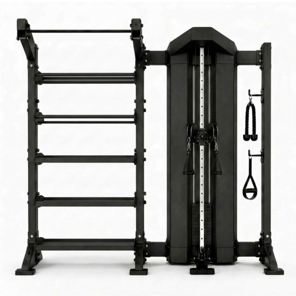 Torque storage bay with weighted medicine balls on a 5 tier shelf with 6 kettle bells on the lower shelves. the storage bay also has a single cable column on the right side on a white background