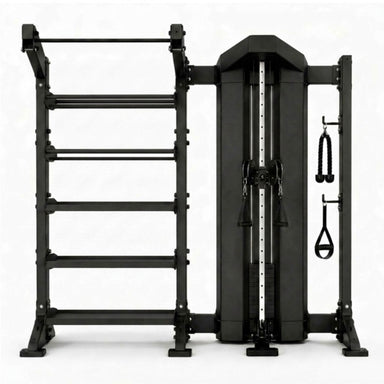 Torque storage bay with weighted medicine balls on a 5 tier shelf with 6 kettle bells on the lower shelves. the storage bay also has a single cable column on the right side on a white background