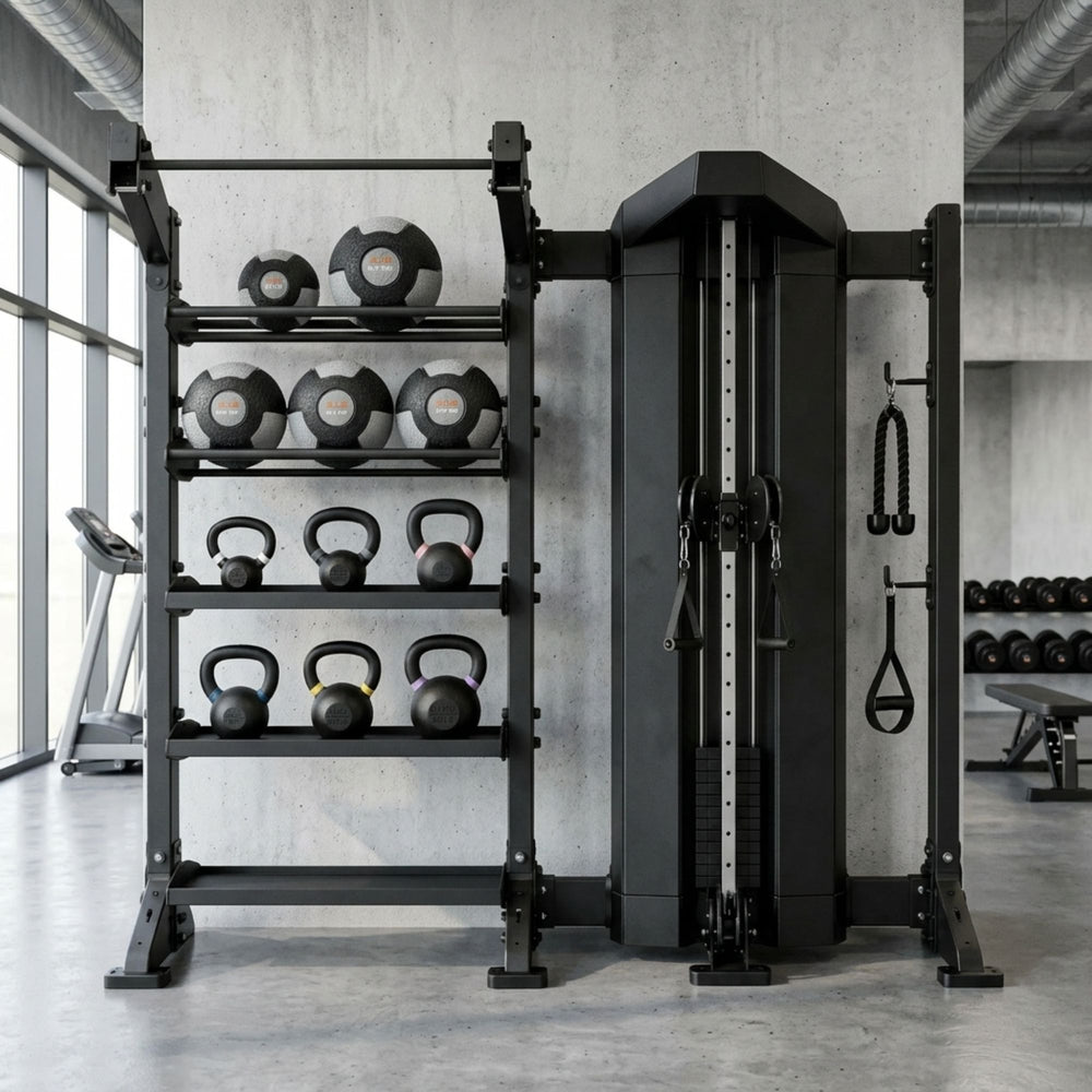 A black TORQUE multi-functional home gym cable machine paired with a matching multi-tier weight rack holding dumbbells and kettlebells, set in a modern concrete-floored gym.