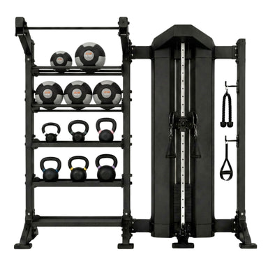 Torque storage bay with weighted medicine balls on a 5 tier shelf with 6 kettle bells on the lower shelves. the storage bay also has a single cable column on the right side on a white background