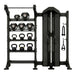 Torque storage bay with weighted medicine balls on a 5 tier shelf with 6 kettle bells on the lower shelves. the storage bay also has a single cable column on the right side on a white background