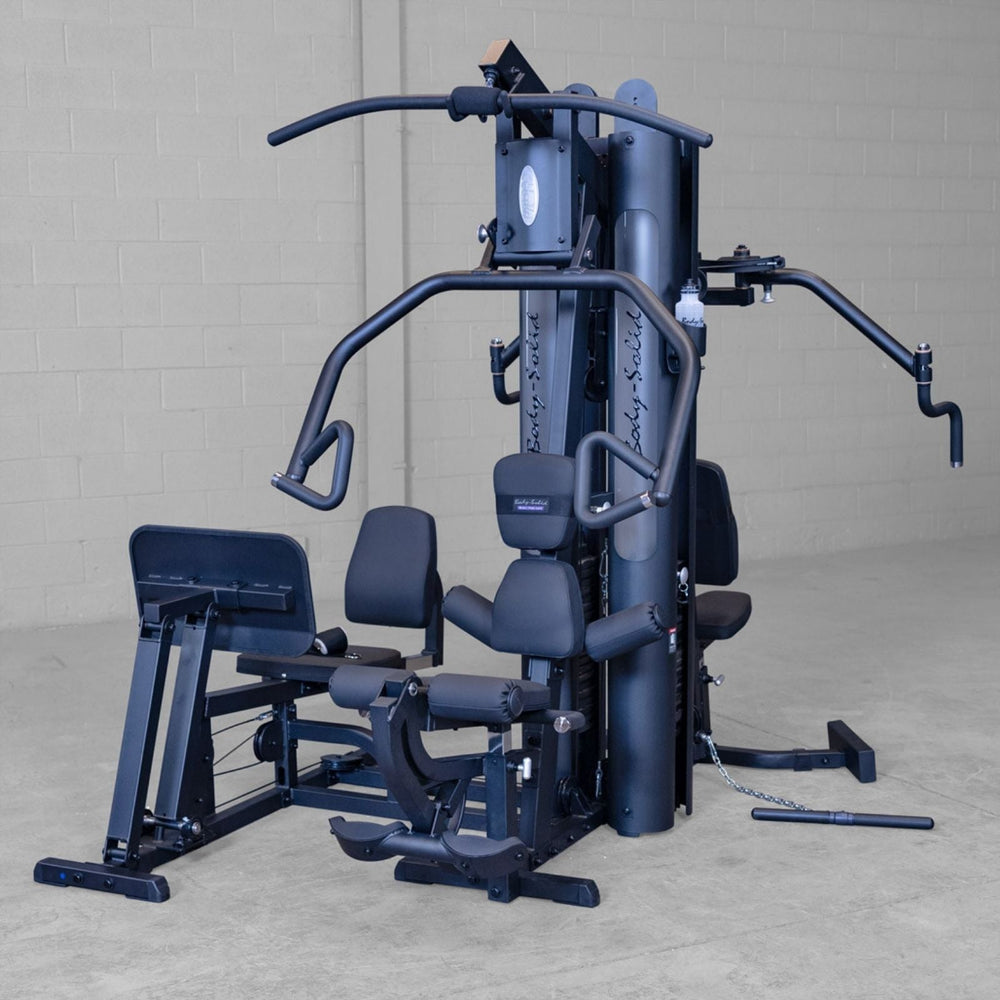 Body-Solid G9B dual stack home gym front angle view showing leg press, chest press and lat pulldown
