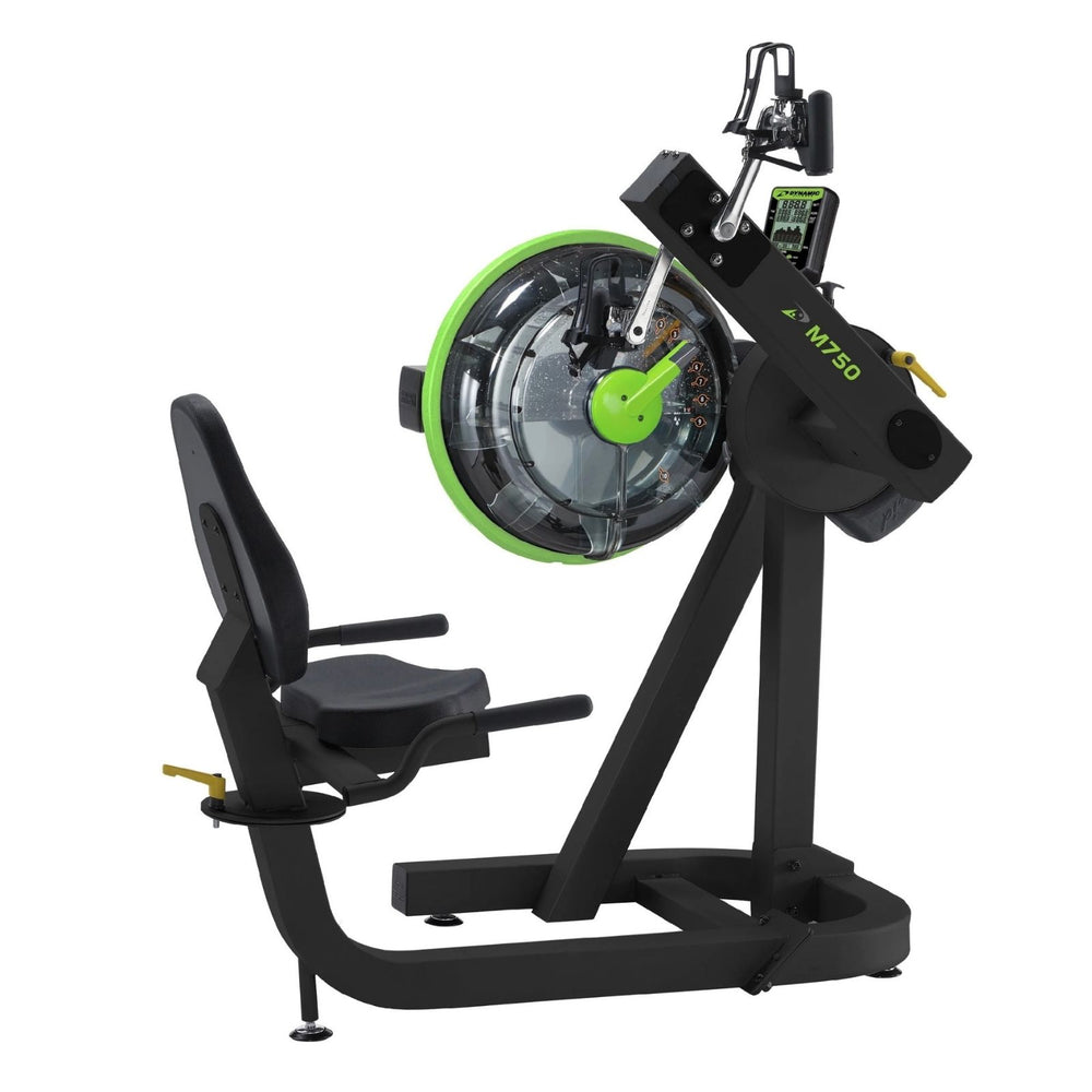 Side view of Dynamic Fluid Fitness M750 Cycle XT dual-function upper and lower body trainer with swivel seat and recumbent cycling position.