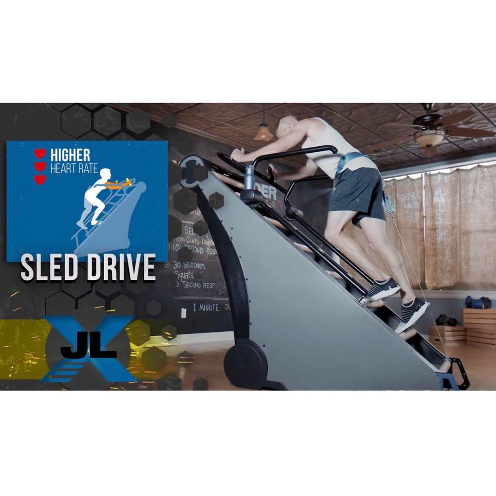 Jacobs Ladder X sled drive position for high intensity conditioning and heart rate training