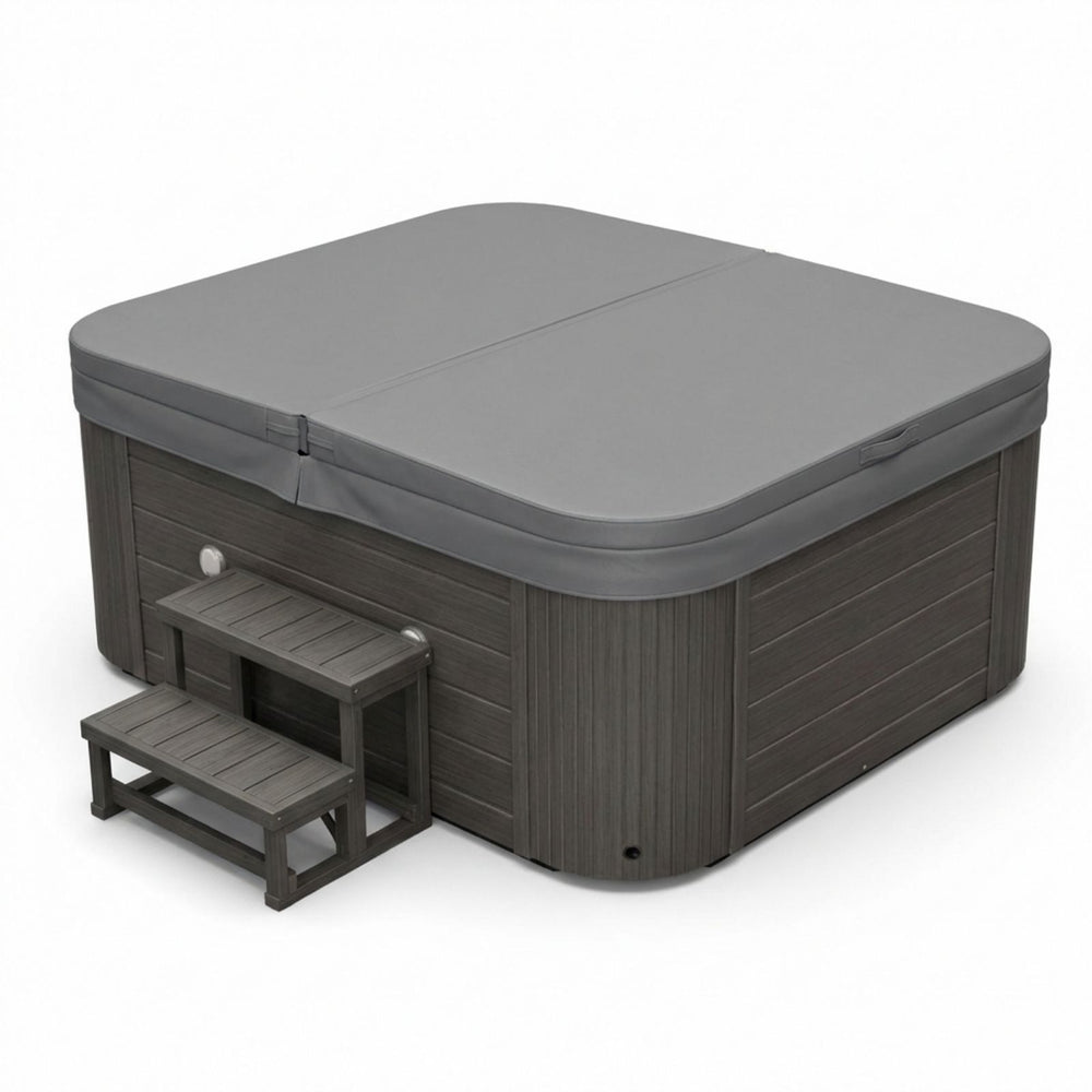 Large Denali 7 person hot tub with steps and cover over hot tub