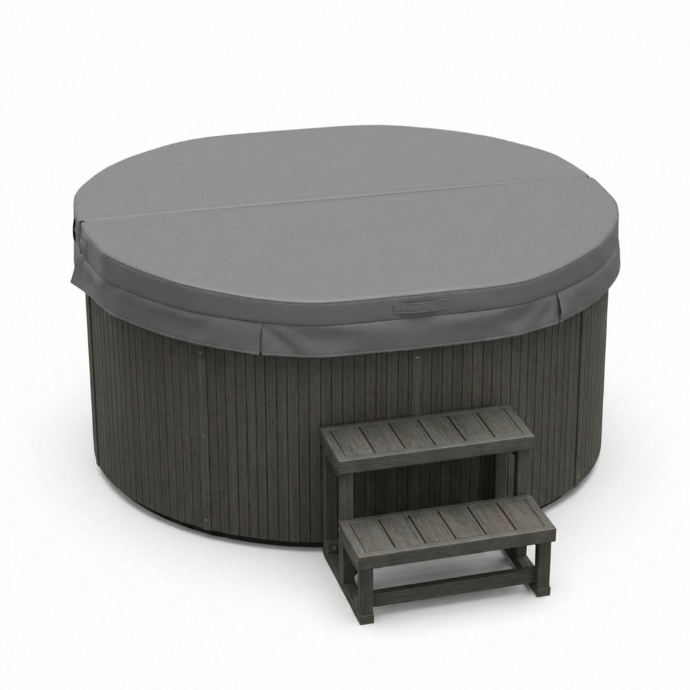 luxury spas 6-person Round hot tub with gray cover and steps on a white background