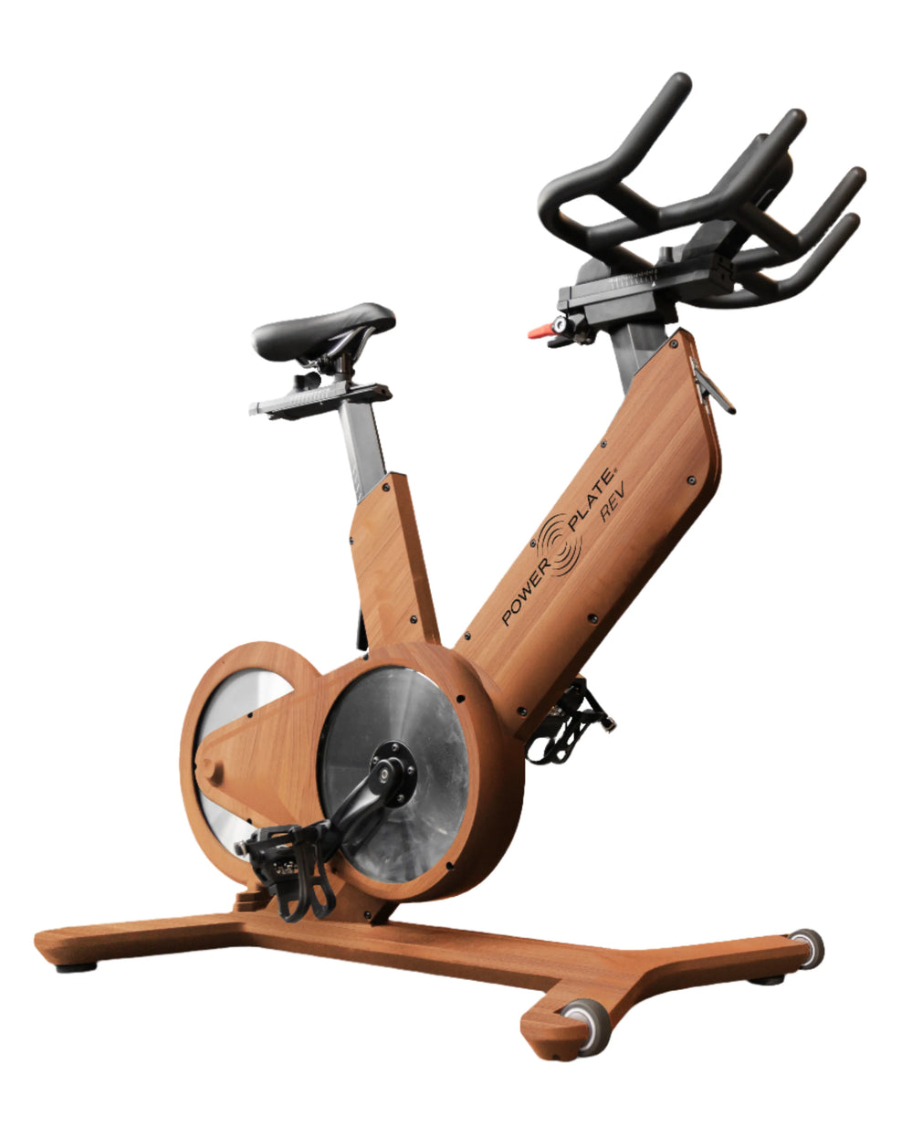 power plate rev with wood grain finish and low angle to see foot pedals and bicycle gearing