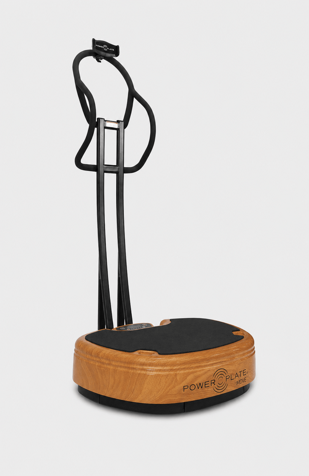 Wooden power plate move with black handle on a white background