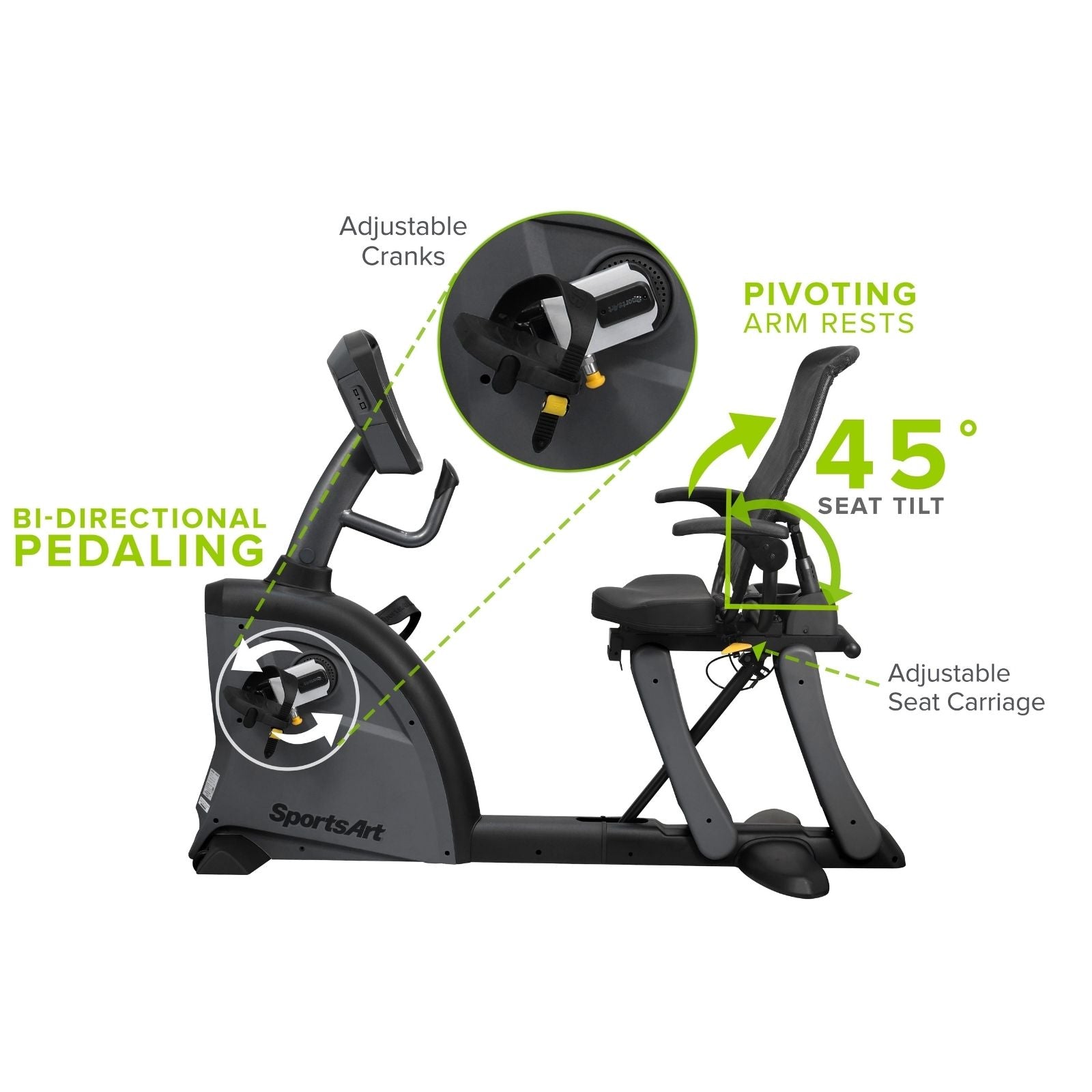 Feature graphic of SportsArt C521M rehabilitation recumbent bike showing adjustable cranks, reclining seat tilt, and bi-directional pedaling for therapy use.
