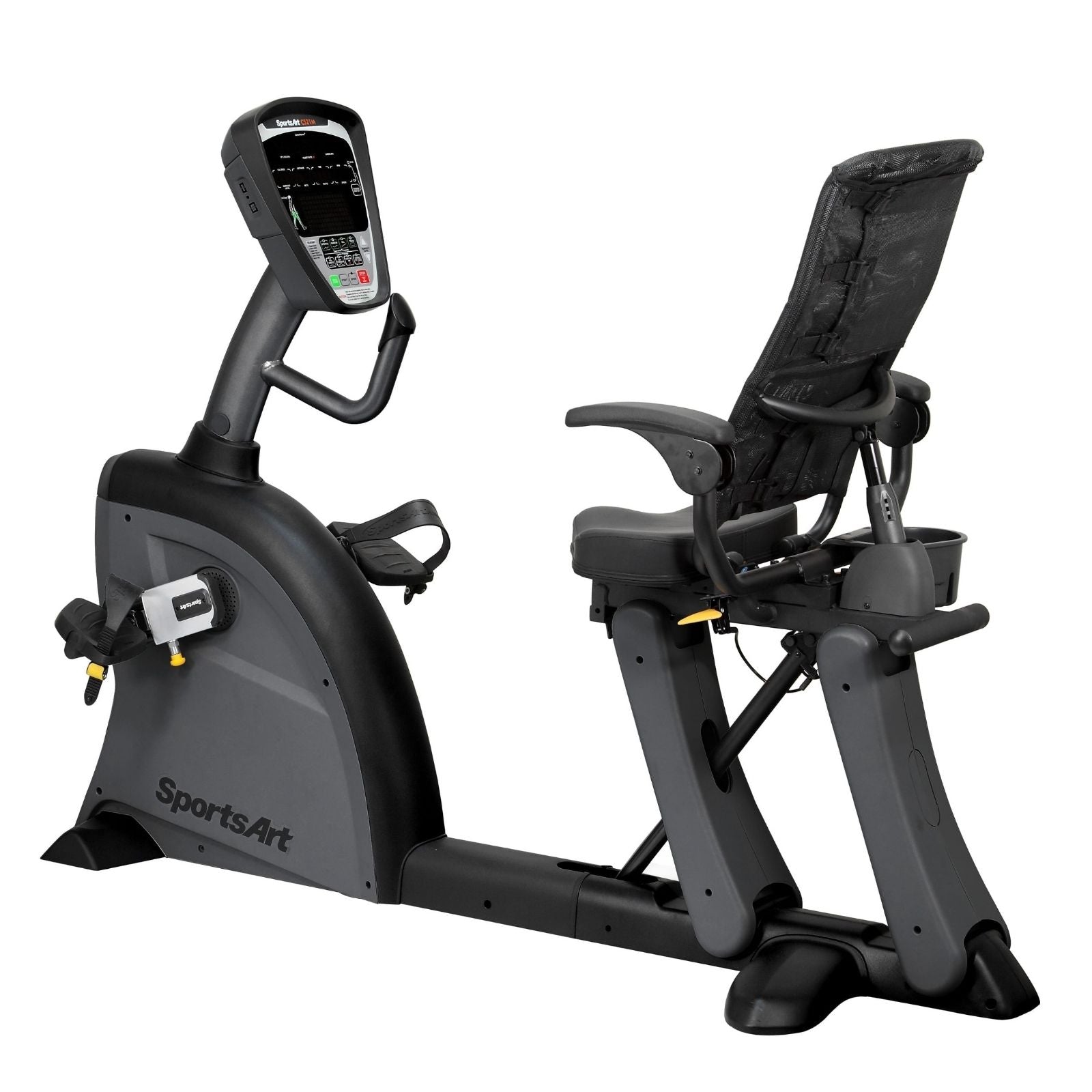 SportsArt C521M rehabilitation recumbent cycle with adjustable crank arms, mesh back support, and step-through medical design.