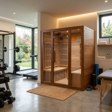 SunRay 4-Person Roslyn Sauna HL400KS in a modern home with gym equipment and a garden view.
