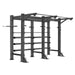 Tag Fitness Free Standing Fitness Double Bay Frame with pull-up bars, storage trays, ball rack, and multiple functional training anchor points. Black metal fitness power rack on a white background