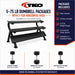 TKO 5-75 lb dumbbell package with 3-tier horizontal rack on a white background