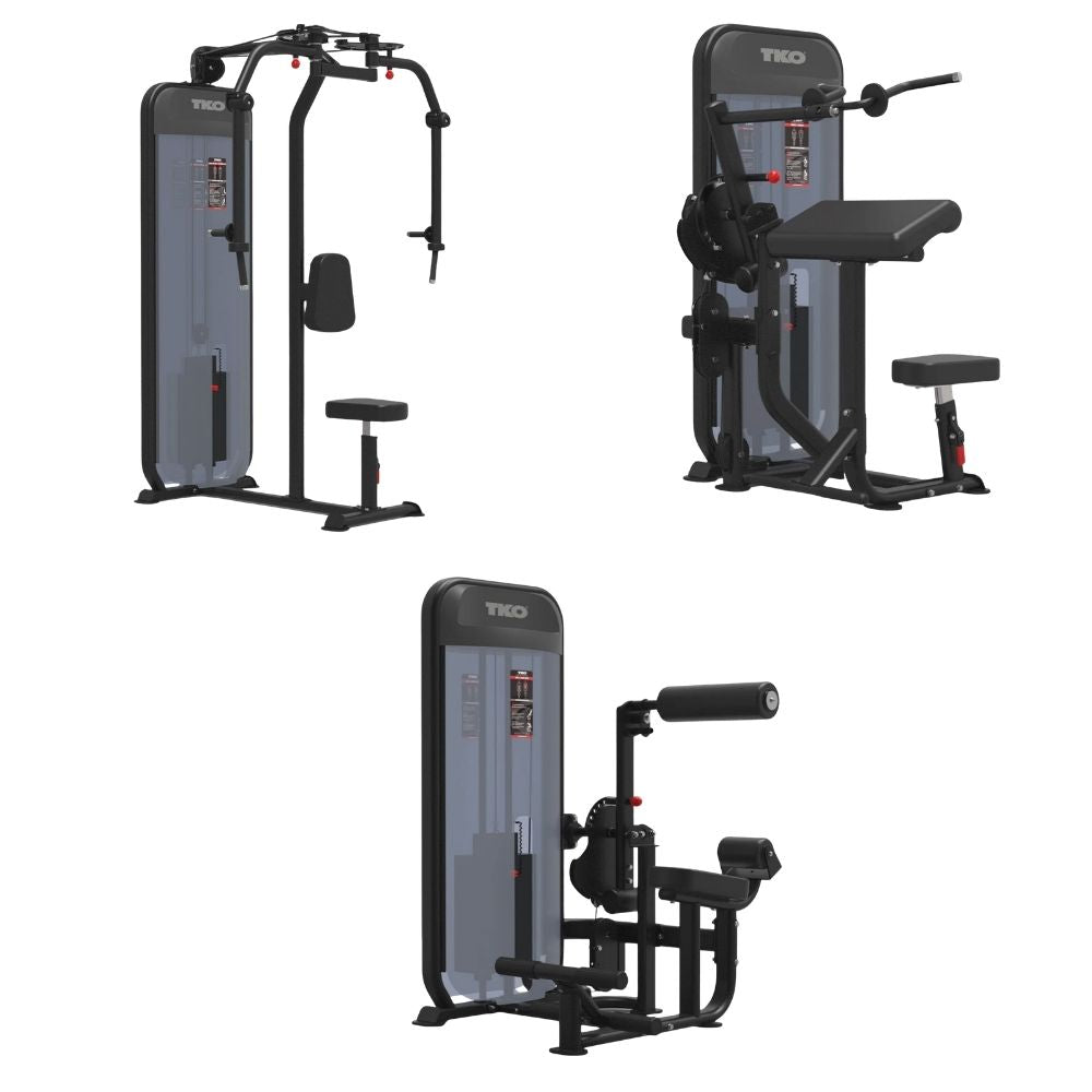 TKO Achieve Dual Pec Deck / Rear Delt, Bicep / Tricep, and Bicep / Tricep exercise machine on a plain white background, showing different attachment positions. 