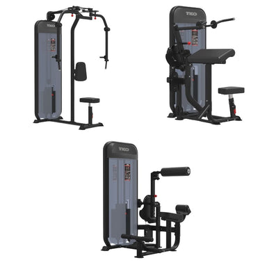 TKO Achieve Dual Pec Deck / Rear Delt, Bicep / Tricep, and Bicep / Tricep exercise machine on a plain white background, showing different attachment positions. 